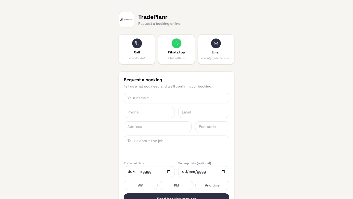 A branded TradePlanr online booking page with call, WhatsApp and email buttons and a booking request form