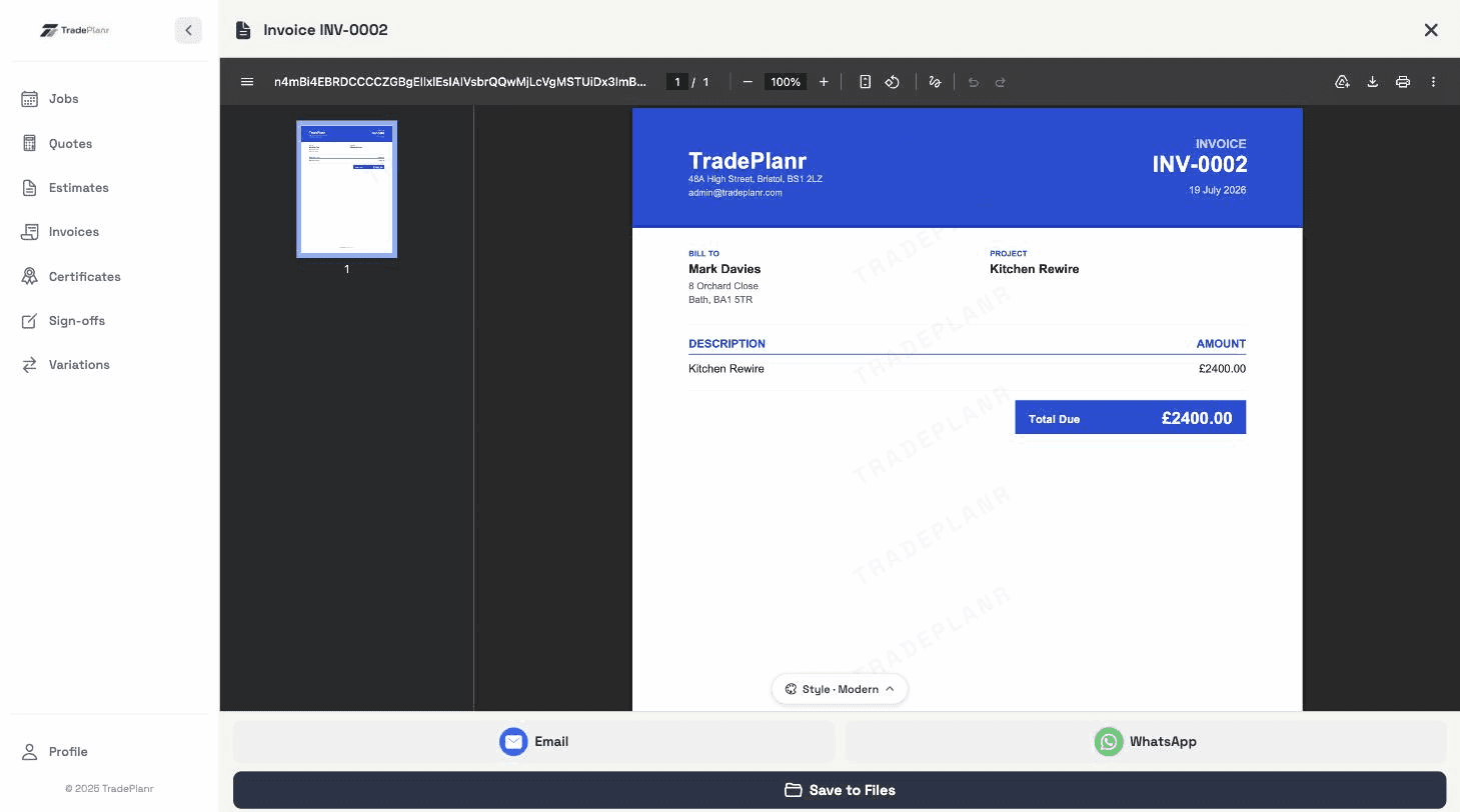 TradePlanr invoice PDF preview with email and WhatsApp send options