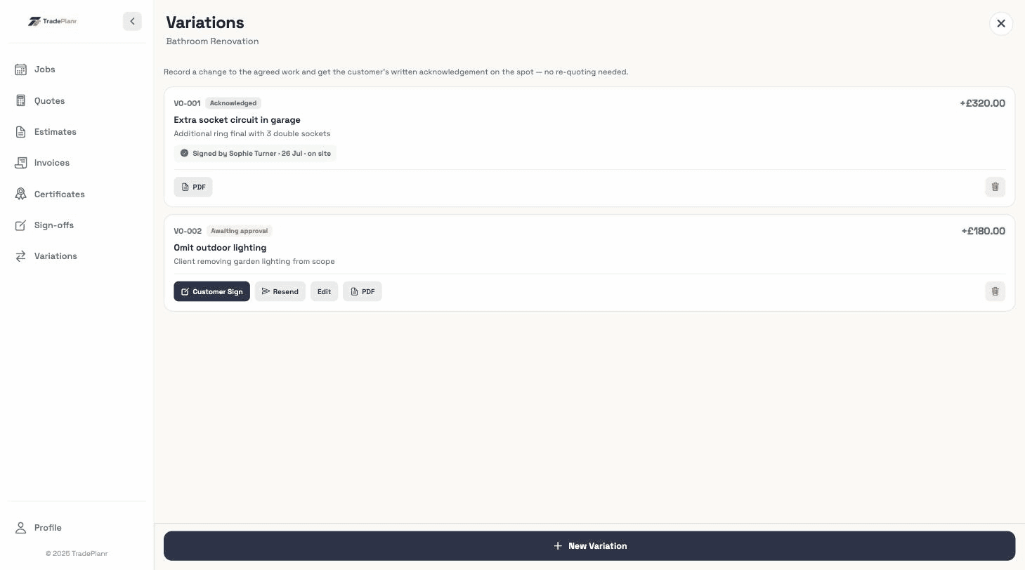 TradePlanr variations screen with acknowledged and awaiting-approval changes