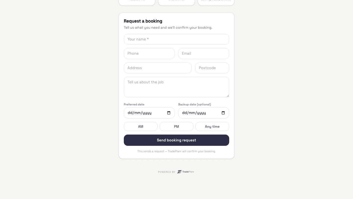 The TradePlanr booking request form with preferred dates and AM/PM options