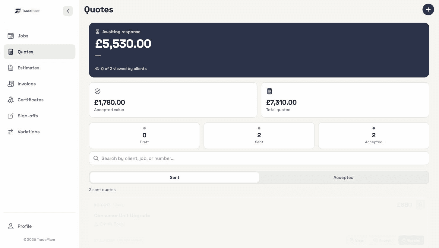 The TradePlanr quotes dashboard