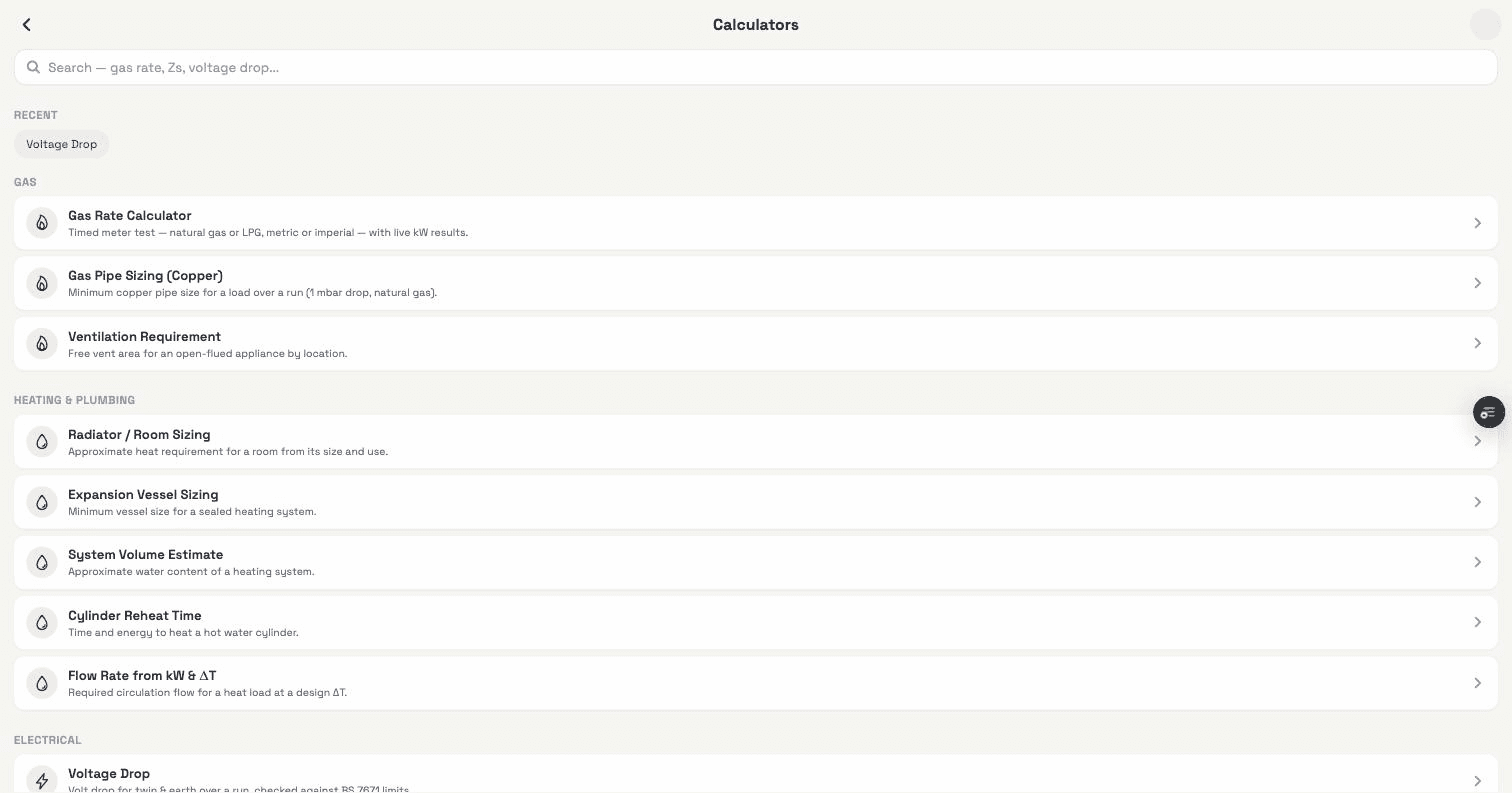 The TradePlanr calculator list, grouped by trade