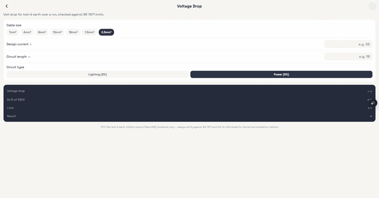 The voltage drop calculator showing a live BS 7671 pass result