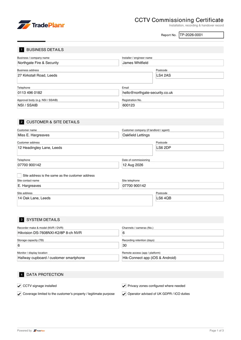 Sample certificate — page 1