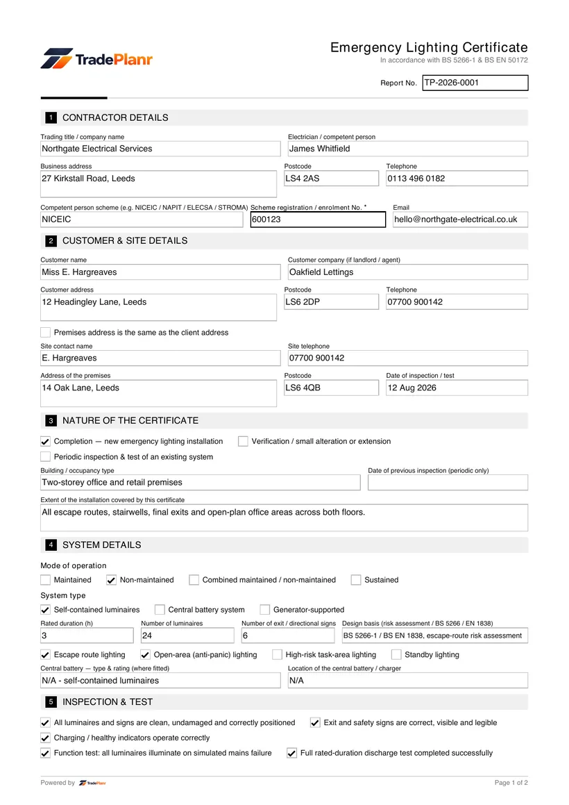 Sample certificate — page 1