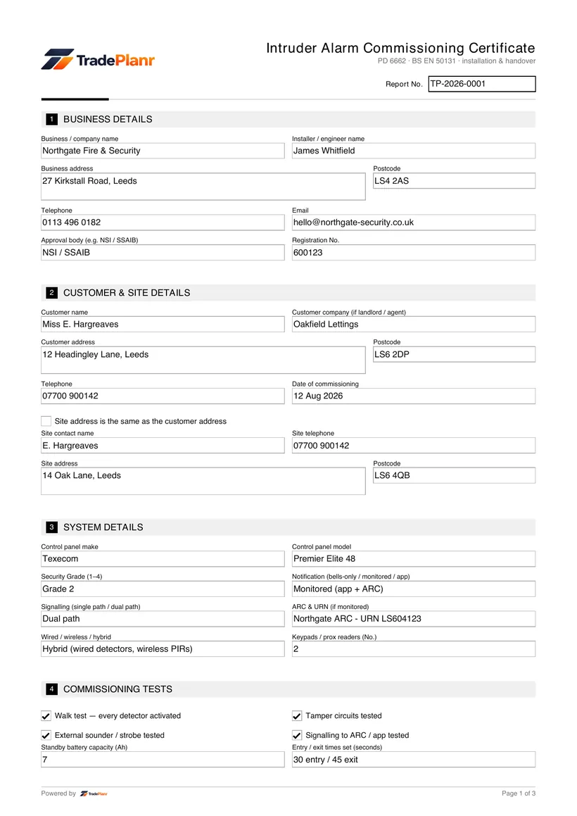 Sample certificate — page 1